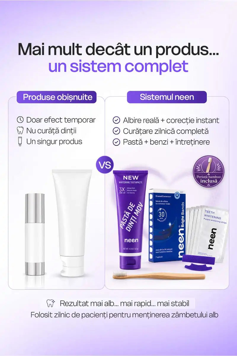 pachet albire rapida neen glow fast cu pasta de dinti mov benzi de albire mov si periuta bamboo inclusa