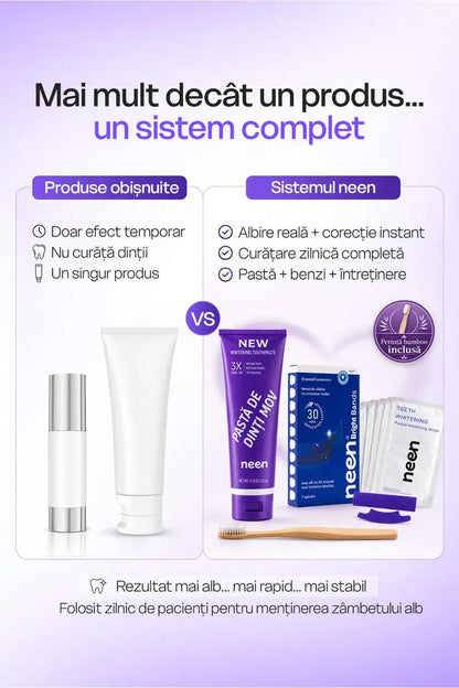 pachet albire rapida neen glow fast cu pasta de dinti mov benzi de albire mov si periuta bamboo inclusa