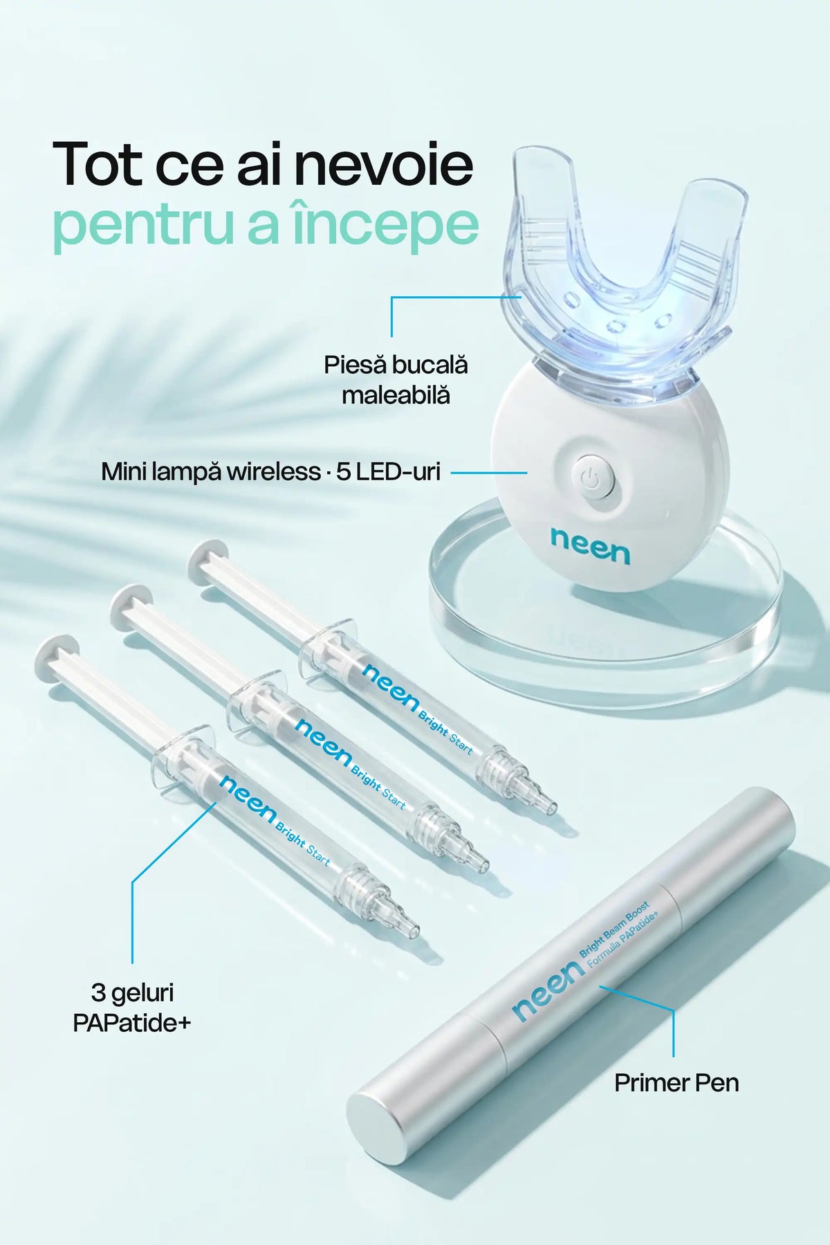 Sistem pentru albirea dinților neen® Bright Start cu lampă 5 LED-uri, Primer Pen, 3 geluri PAPatide+ și piesă bucală maleabilă