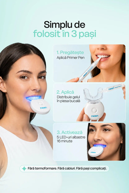 Albirea dinților cu LED neen® Bright Start în 3 pași cu Primer Pen, gel PAPatide+ și lampă cu 5 LED-uri albastre