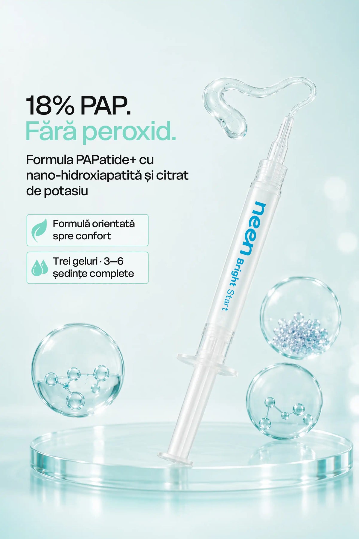 Gel de albire neen® Bright Start cu 18% PAP, nano-hidroxiapatită și citrat de potasiu, fără peroxid