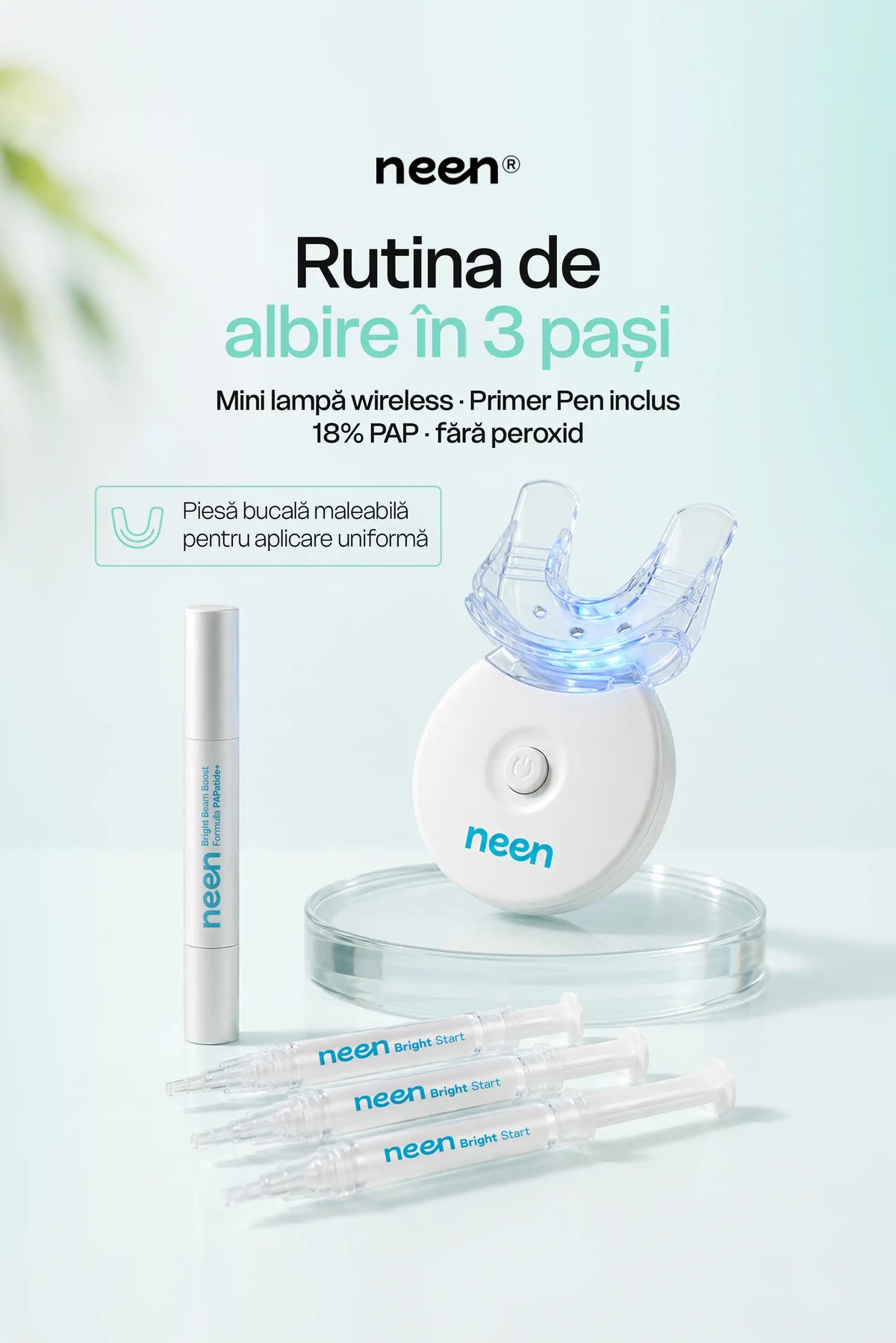 Kit pentru albirea dinților neen® Bright Start cu mini lampă LED wireless, Primer Pen și 3 geluri cu 18% PAP