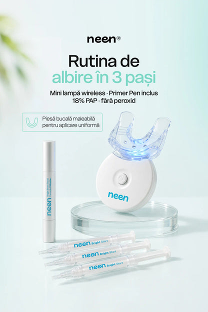 Kit pentru albirea dinților neen® Bright Start cu mini lampă LED wireless, Primer Pen și 3 geluri cu 18% PAP