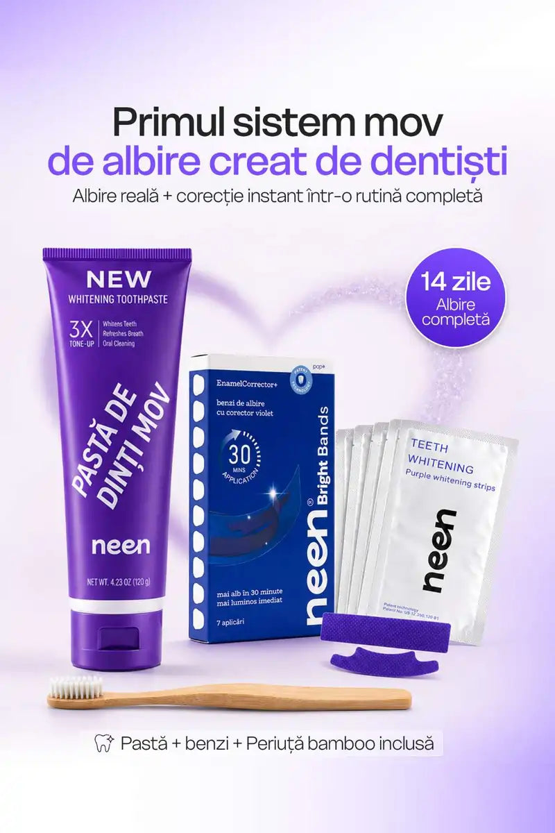 sistem complet pentru albire dentara acasa cu efect optic instant pasta mov si benzi mov neen