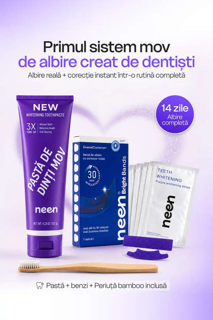 sistem complet pentru albire dentara acasa cu efect optic instant pasta mov si benzi mov neen