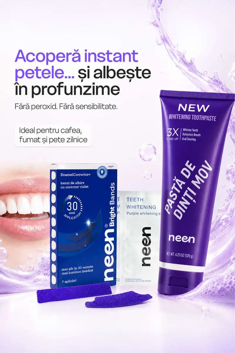 pasta de dinti mov si benzi de albire mov in pachet glow fast pentru zambet mai alb si rutina simpla
