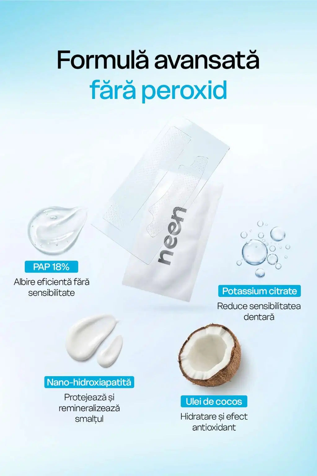 benzi de albire dinti fara peroxid cu pap si nanohidroxiapatita protectie smalt albire fara sensibilitate neen