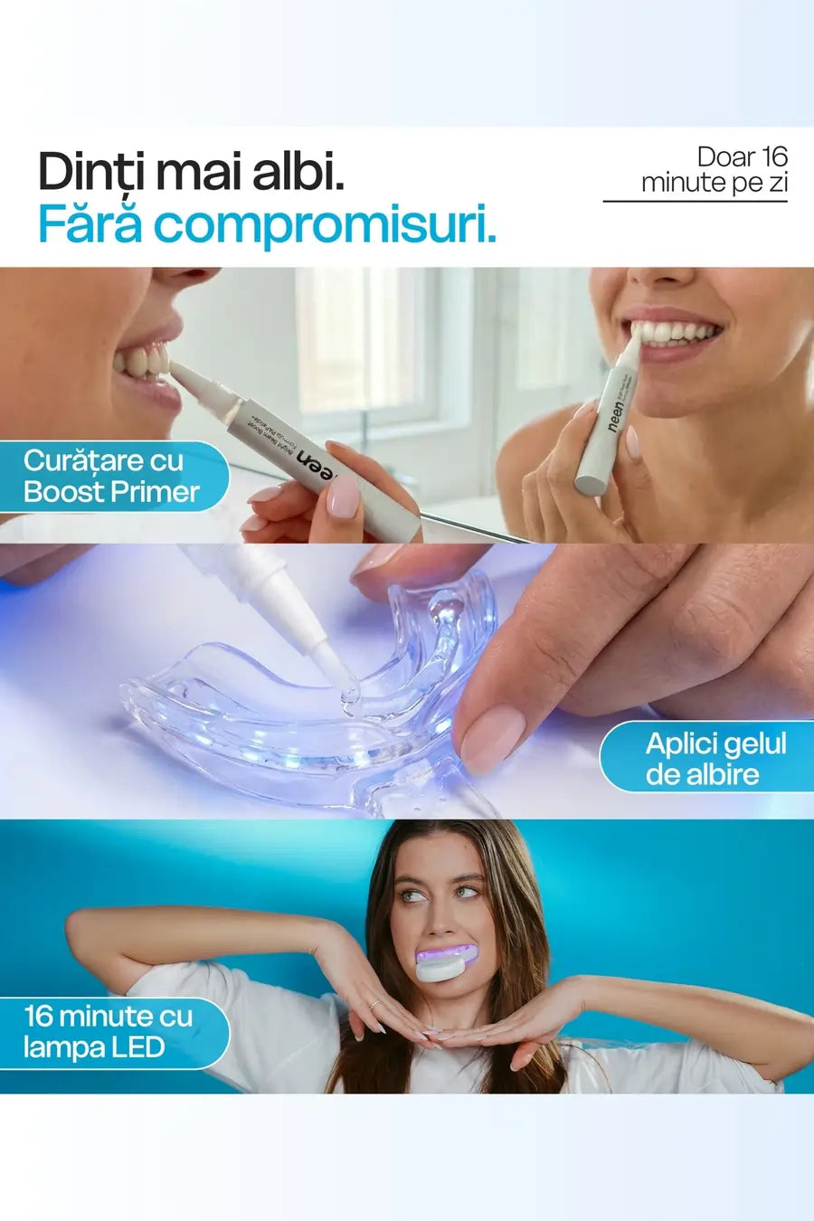 Proces simplu de albire dentara acasa in 3 pasi: pregatirea smaltului cu primer, aplicarea gelului PAP fara peroxid si activarea cu lampa LED pentru rezultate accelerate fara sensibilitate.