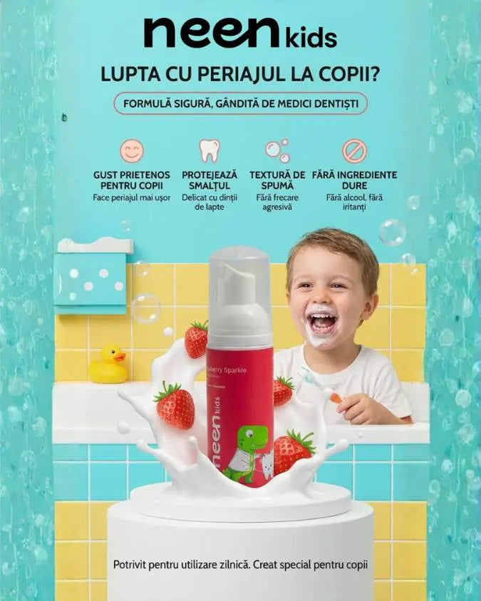copiii se spala pe dinti cu spuma dentara neen kids