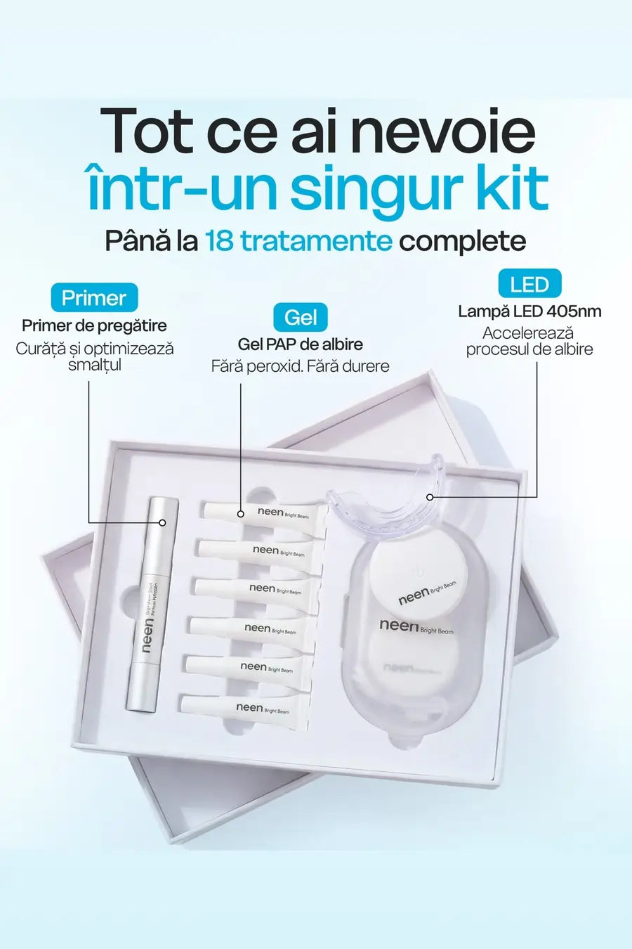 Kit complet pentru albirea dintilor acasa ce include gel PAP fara peroxid, primer pentru pregatirea smaltului si lampa LED 405nm. Pana la 18 tratamente pentru albire dentara eficienta fara durere.