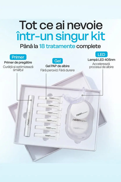 Kit complet pentru albirea dintilor acasa ce include gel PAP fara peroxid, primer pentru pregatirea smaltului si lampa LED 405nm. Pana la 18 tratamente pentru albire dentara eficienta fara durere.