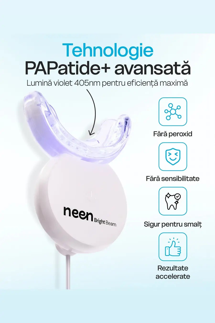 Kit profesional de albire dentara acasa cu tehnologie PAPatide+ si lumina LED 405nm pentru rezultate rapide fara sensibilitate. Formula fara peroxid protejeaza smaltul si ofera albire eficienta si sigura.