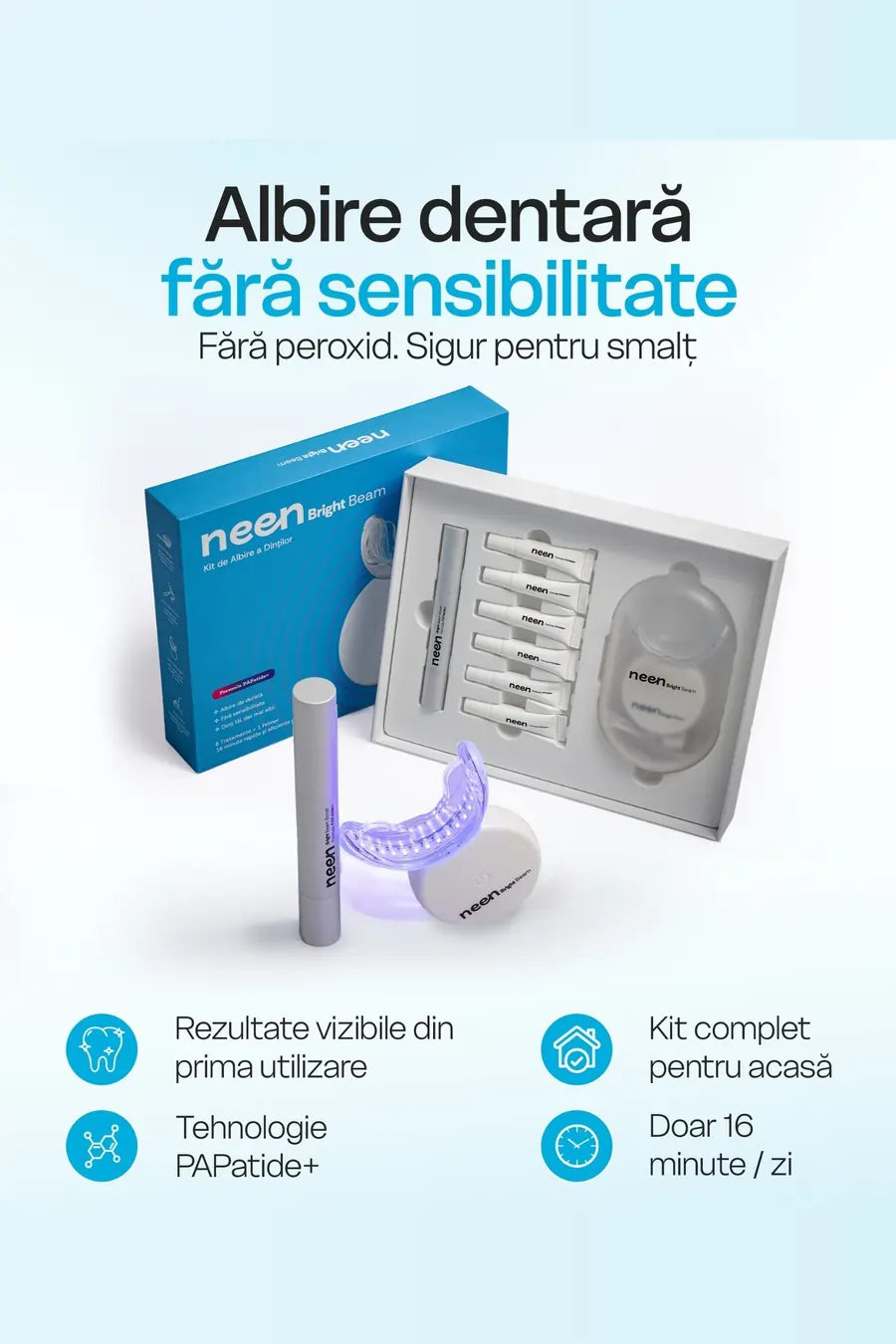 Albire dentara fara sensibilitate cu neen Bright Beam. Kit profesional pentru acasa cu rezultate vizibile dupa prima utilizare, tehnologie PAPatide+ si rezultate rapid, cel mai bun kit de albire