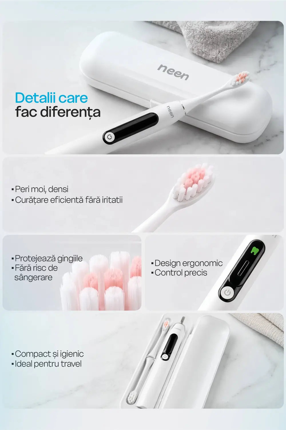 Periuta electrica pentru dinti sensibili cu peri moi si tehnologie sonic pentru protectia gingiilor