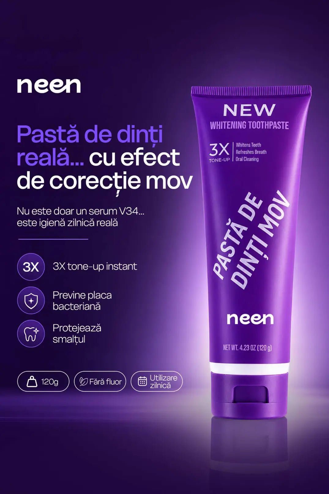 pasta de dinti mov pentru albirea dintilor neen daily mov cu efect optic instant si curatare zilnica reala