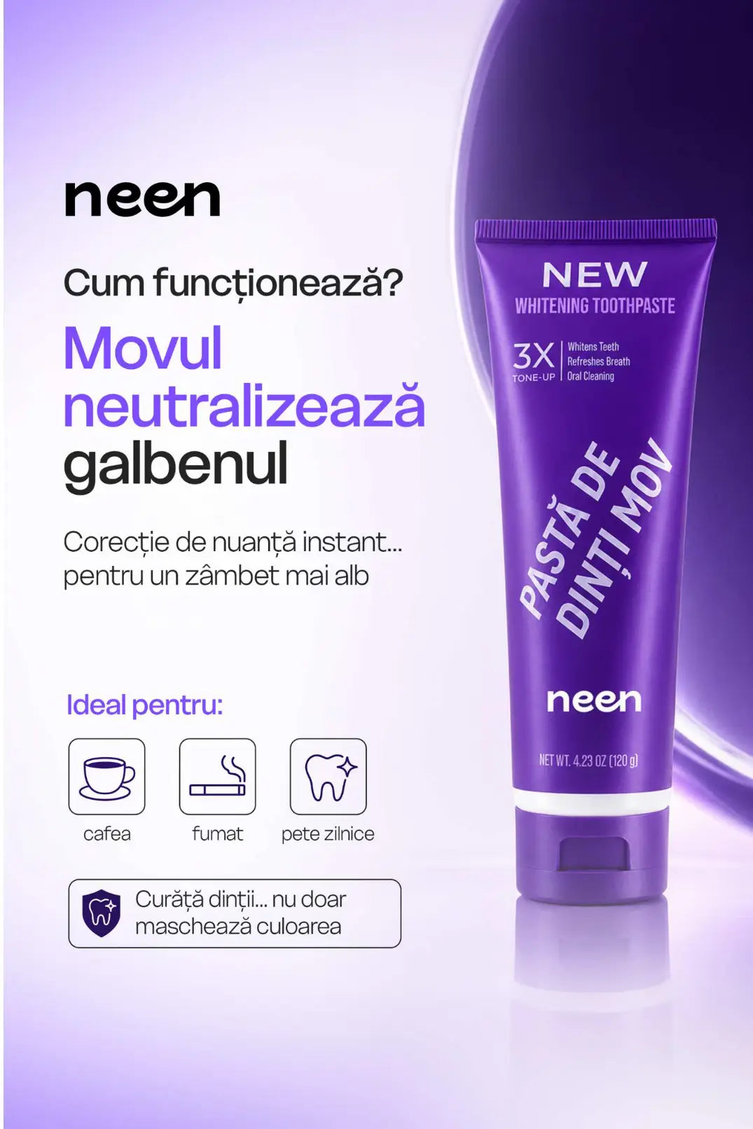 pasta de dinti mov reala pentru albirea dintilor nu doar shade corrector mov ci formula de curatare zilnica
