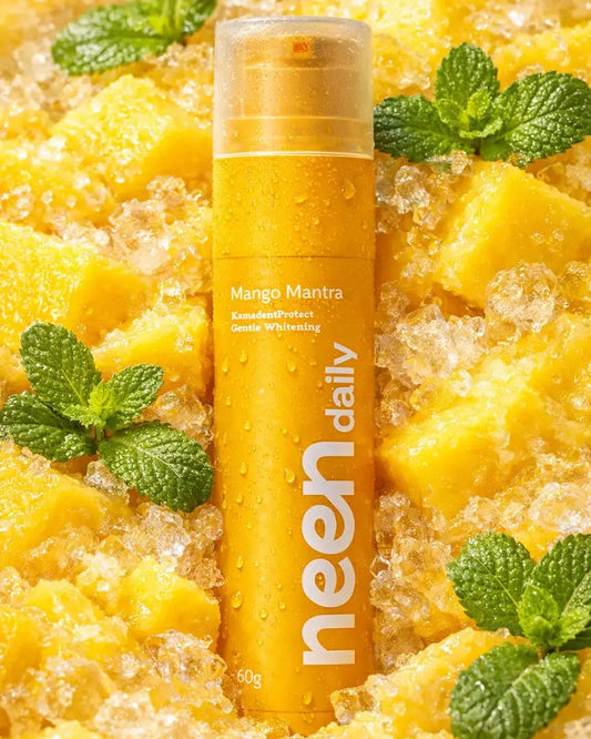 pasta de dinti neen daily mango mantra cu aroma de mango pentru albire delicata si protectia smaltului