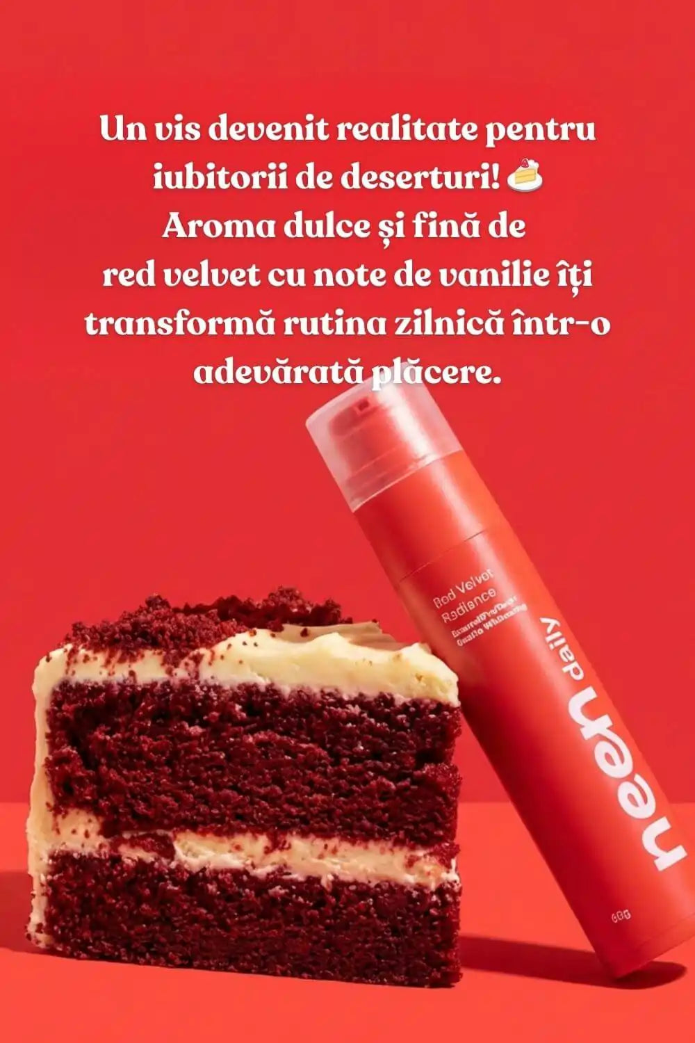 model prezentand pasta de dinti neen daily red velvet cu aroma de desert pentru o experienta de periaj diferita