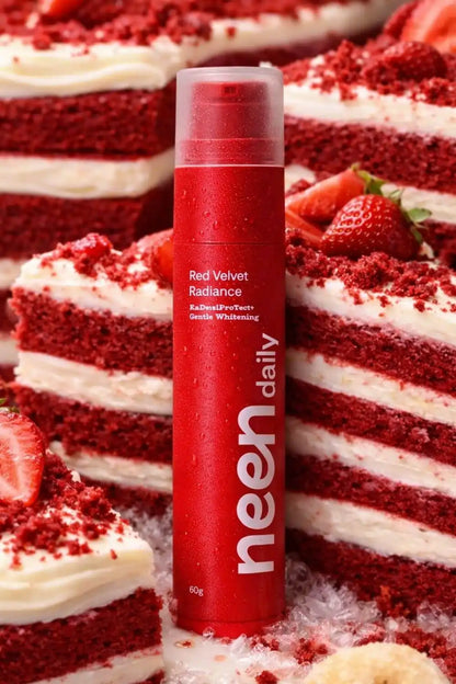 pasta de dinti neen daily red velvet radiance cu aroma de desert red velvet pentru albire delicata si protectia smaltului