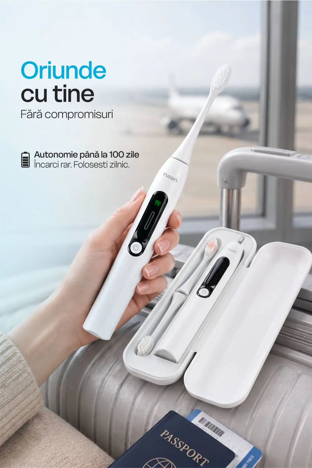 Periuta electrica premium cu incarcare USB-C, autonomie pana la 100 zile si husa pentru travel inclusa
