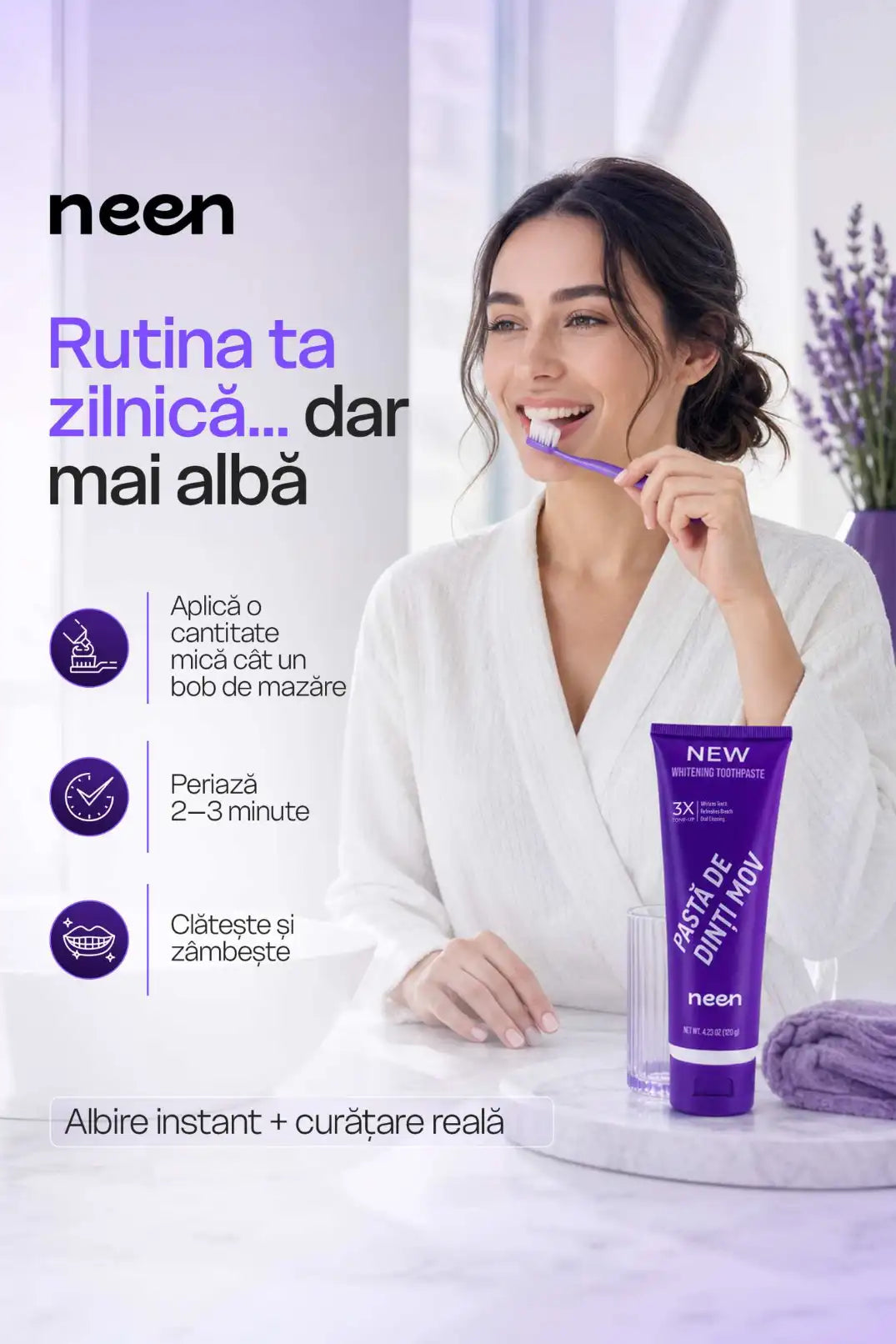 pasta de dinti mov fara fluor cu efect optic instant pentru neutralizarea nuantelor galbene si zambet mai alb